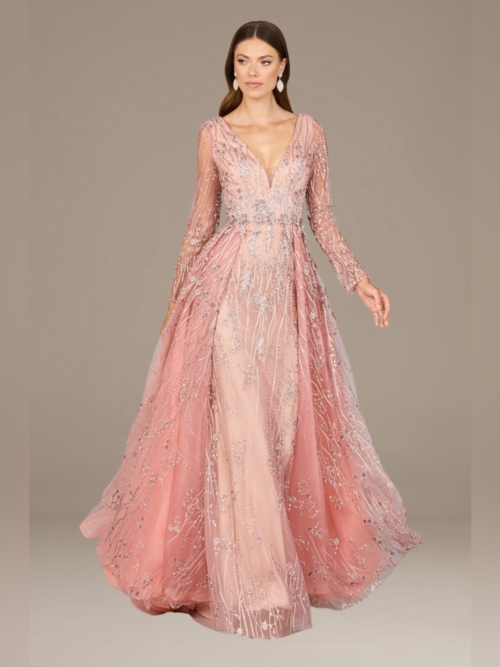 Lara Blush Pink Long Sleeve Embroidered Gown with Overskirt Size 16